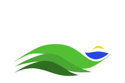 Apstraktna ilustracija zelenih brda, jezera i sunca Zelena brda, jezero i sunce