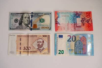 Novac, valute Novčanice od 100 dolara, 100 KM, 20 franaka i 20 eura
