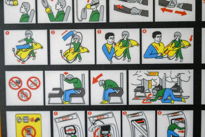 Sigurnosne upute na sjedištu u avionu. Sigurnosne upute na stražnjoj strani sjedišta u avionu. Uputstva za sigurnost leta i putovanja.