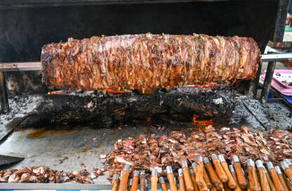 Kebab se peče na vatri. Meso se peče. Turski kebab. Brza hrana.