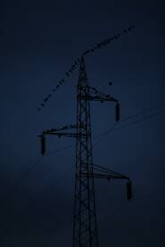 Metalna bandera elektricne energije Metalna bandera za elektricnu energiju sa pticama koje stoje na zicama, jako plava boja neba pred pad mraka