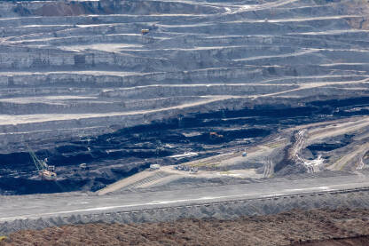 Otvoreni kop uglja Pljevlja, Crna Gora Coal mining. A bigest thermoelectric plant "Pljevlja" near city of Pljevlja in Montenegro, with big chimneys in a rural landscape