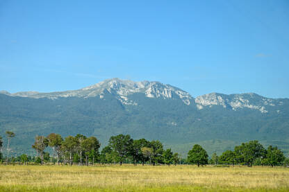 Livanjsko polje i planina Triglav, Livno, BiH. Livanjsko polje, Livno, Bosna i Hercegovina. Pašnjaci i drveće u polju. Planina Troglav u daljini.