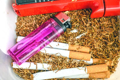 AK1_1926 Osušeni duhan, cigarete i upaljač u kutiji. Mašinica za punjenje cigareta. Loše navike i ovisnost.