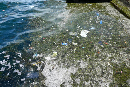 Prljavo more. Smeće pluta po površini vode. Onečišćeno more. Smeće pluta po površini vode. Ambalaža, plastične boce, papir, kese , trava i ostalo smeće u moru.