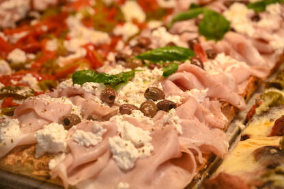 Talijanska pizza, krupni plan. Talijanska pizza, krupni plan. Brza hrana. Ukusna pizza sa salamom, šunkom, maslinama i sirom.