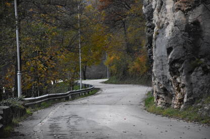Cesta u jesen Asfaltirana cesta koja ide kroz prirodu sa stijenama sa desne strane i zelenilom i uličnom rasvjetom sa lijeve.