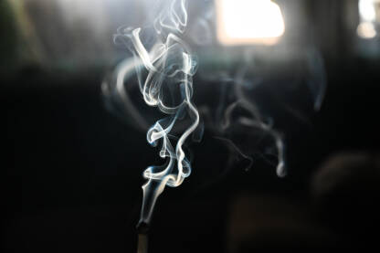 Dim cigarete. Pušenje. Dim cigarete sa crnom pozadinom. Tračak dima cigarete. Ovisnost o nikotinu.