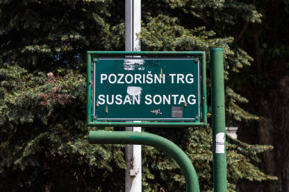 Pozorišni trg Susan Sontag Tabla sa oznakom Pozorišni trg Susan Sontag u Sarajevu