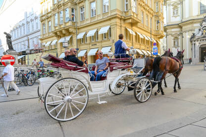 Beč, Austrija: Konji i kočije u centru grada. Turisti Beč, Austrija: Konji i kočije u centru grada. Turisti istražuju grad.