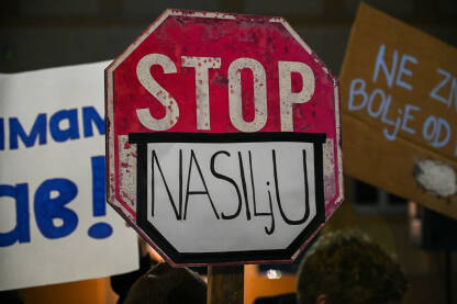 Natpis: "Stop nasilju" na protestu. Grupa ljudi na protestu. Ljudi nose transparente na protestima. Natpis: "Stop nasilju".
