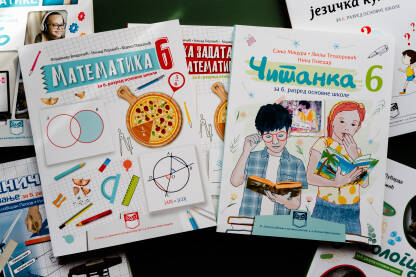 Udžbenik iz matematike i čitanka za šesti razred Skupina od sedam knjiga namijenjenih učenicima šestog razreda na stolu. Pozadina slike je zelena. Sveukupan dizajn slike je vizualno privlačan i lako čitljiv.