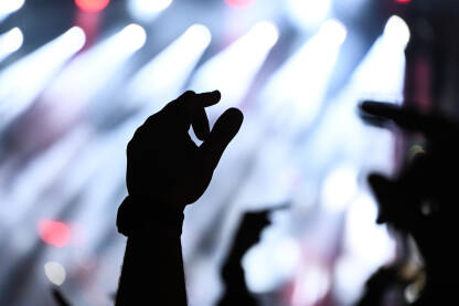 Čovjek koji je podigao srednji prst kao znak protesta na koncertu. Silueta ruke čovjeka na muzičkom festivalu sa svjetlima bine u pozadini.