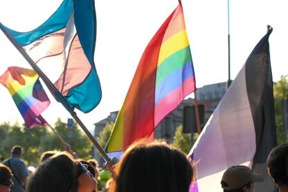 Ljudi sa LGBT zastavama. LGBTIQ zastava se vijori. Povorka.