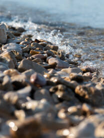 Kamena plaža Mali morski talas zapljuskuje mokro kamenje na plaži tokom sunčanog ljetnog dana. Krupni plan mokrog namenja i morske vode.