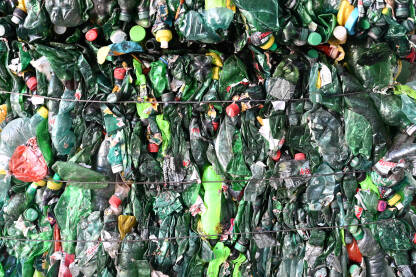 Presovane plastične boce spremne za reciklažu. Presovane plastične boce spremne za reciklažu. Zelene plastične boce. Recikliranje otpada.