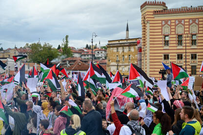 Protest podrške palestinskom narodu. Podrška narodu Gaze. Protest podrške palestinskom narodu u Sarajevu, BiH. Protest solidarnosti. Ljudi na demonstracijama sa zastavama Palestine i transparentima. Podrška narodu Gaze.