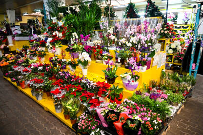 Cvijeće na prodaju na lokalnoj pijaci. Cvjećara s buketima, cvijećem i svijećama. Štand na pijaci koji prodaje cvijeće i ukrase.