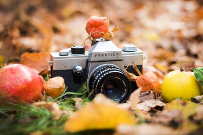Analogni fotoaparat Praktica Analogni fotoaparat Praktica L. Stari analogni fotoaparat u jesen na opalom lišću uz voće oko njega.
