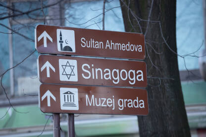 Džamija, sinagoga, muzej Tabla na cesti koja upućuje ka vjerskim i kulturnim institucijama grada Zenice - Sultan Ahmedova džamija, Sinagoga, Muzej grada Zenice.