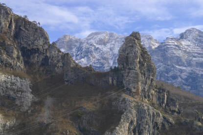 Dalekovodi za transport električne energije u stijenskoj masi . Vrhovi planine Prenj pod snijegom.
