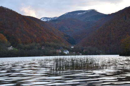 Veliko Plivsko jezero, Jajce Veliko Plivsko jezero sa brdima u pozadini na kojima su vidljive kuće. Na slici su također vidljive šaše koje su izrasle iz vode.