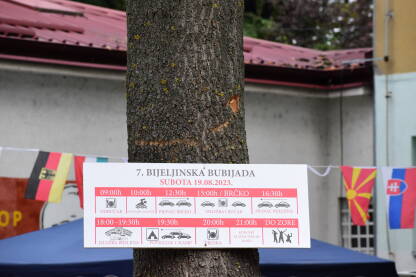 Tabla 7. Bijeljinska Bubijada Plan i program sedme bijeljinske bubijade. Tabla na ulazu u kamp. Iza table zastave različitih država.