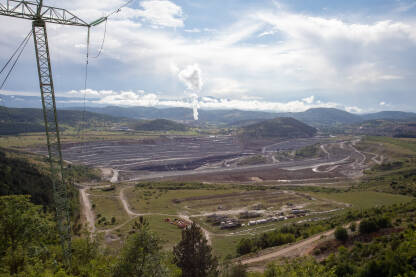 Proizvodnja električne energije iz uglja, lignit, Pljevlja, Crna Gora A bigest thermoelectric plant "Pljevlja" near city of Pljevlja in Montenegro, with big chimneys in a rural landscape