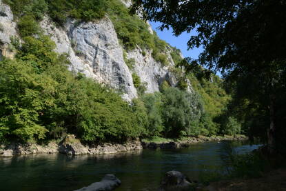 Kanjon rijeke Vrbas Visoke stijene uz rijeku Vrbas, Banja Luka. Hladna i brza rijeka, drveće na stijenama.