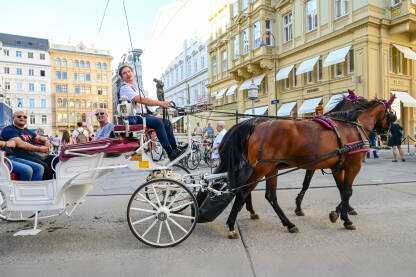 Beč, Austrija: Konji i kočije u centru grada. Turisti Beč, Austrija: Konji i kočije u centru grada. Turisti istražuju grad.