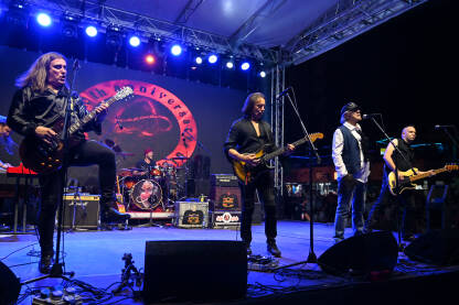 Divlje Jagode, koncert. Koncert rock grupe Divlje Jagode. Muzičari sviraju i pjevaju na bini. Sead Zele Lipovača i Toni Janković.