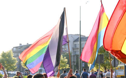 Ljudi sa LGBT zastavama. LGBTIQ zastava se vijori. Povorka.