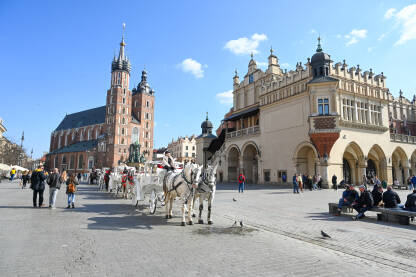 Krakow Krakow, Poljska. Kočije na glavnom trgu ili Rynek Glówny. Bazilika sv. Marije. Ljudi na trgu.