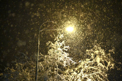 Snijeg pada pod uličnim svjetlom zimi. Snježne padavine osvijetljene uličnim svjetlom noću.