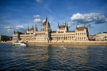 Budimpešta, Mađarska: Zgrada parlamenta uz Dunav. Mađarski parlament. Turistički brodovi na rijeci.
