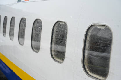 Prozori na avionu na aerodromu, let avionom po kiši Prozori na avionu na aerodromu. Eksterijer mlaznog aviona.