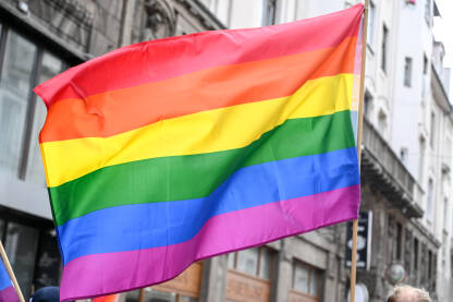 LGBTIQ zastava na Povorci ponosa. LGBTIQ zastava na Povorci ponosa. Protest za ljudska prava.