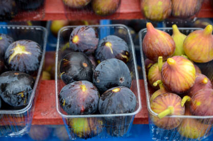 Smokve na pijaci. Razne vrste svježih smokava pakirane za prodaju. Smokva.