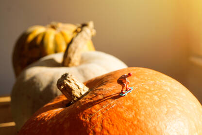 Mini figurica čovjeka koji skejtborda na povrošini tikve.