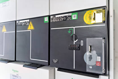 Sklopni blok za nadzor trafostanica, krupni plan Postrojenje za sekundarnu distribuciju električnom energijom. Sklopni blok za nadzor trafostanica. Krupni plan.