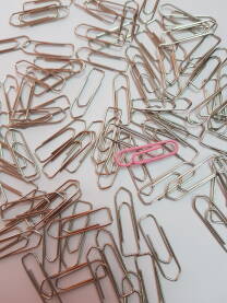 Prosute spajalice Spajalice prosute po papiru, metalne spajalice sa roze spajalicom u sredini; spajalice kao kancelarijski materijal;
