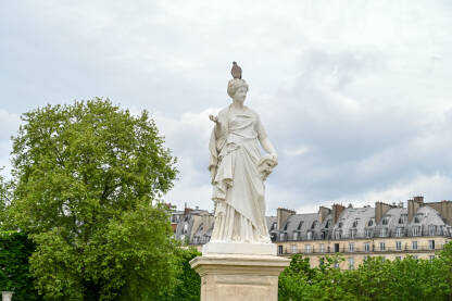 Pariz, Francuska: statua u gradskom parku. Pariz, Francuska: statua u gradskom parku. Golub na ženskom kipu. Vrt Tuileries. Tuileries Garden.