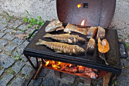 Riba pastrmka na roštilju. Roštilj od granitnog kamena-ploča.