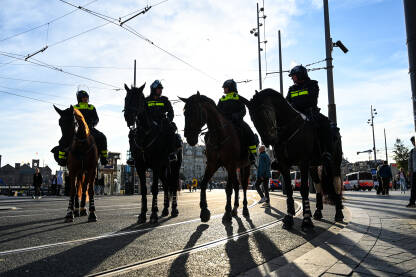 Policajci na konjima u patroli u gradu. Amsterdam, Nizozemska: Policajci na konjima u patroli u gradu. Policijska konjica. Četiri policijska jahača na konjima.