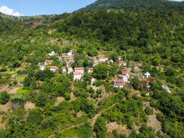 Malo selo u planinama. Kuće na brdu, snimak dronom.