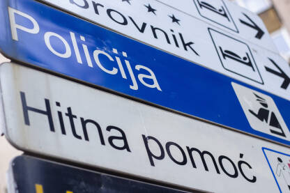 Saobraćajni znak policija Saobraćajni znak uputstva ka policijskoj stanici.