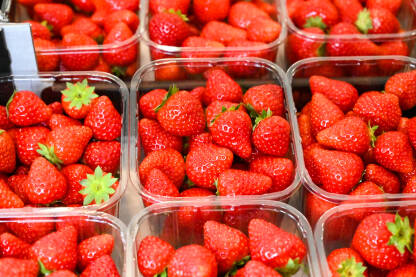 Jagode na pijaci. Krupni plan zrelih crvenih jagoda.